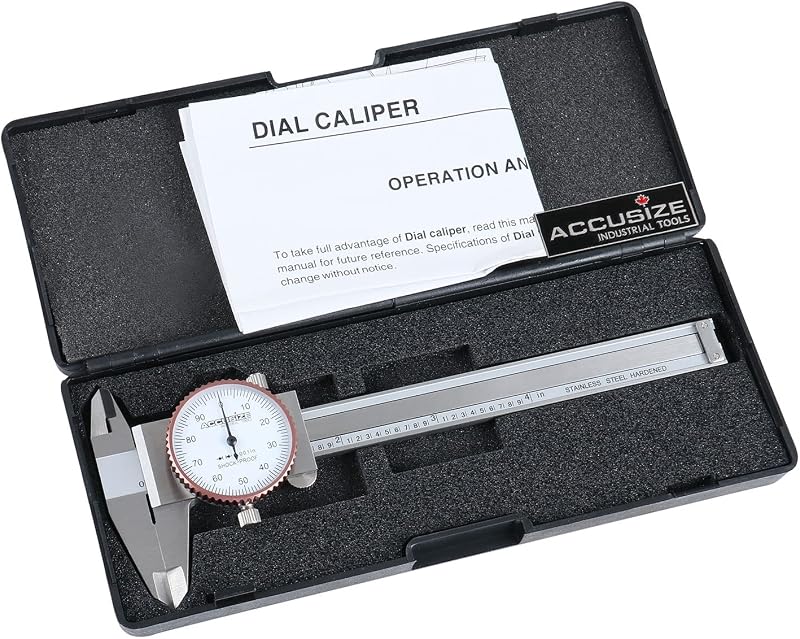 Accusize Calibrador de precisión con dial de acero inoxidable, rango de 0-4" | 0-4", resolución de 0,001", precisión de +/-0,001", medición de 4 vías, estante cubierto, P920-S214