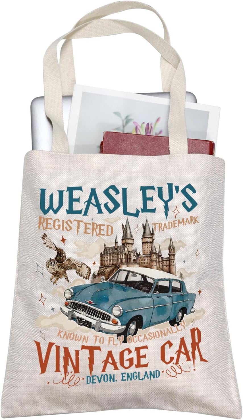 TOBGBE Fantasy Movie Quote Canvas Bag Bookish Wizard Gifts HP Wizarding Witch Magical Gifts For Fans (Flying Car)