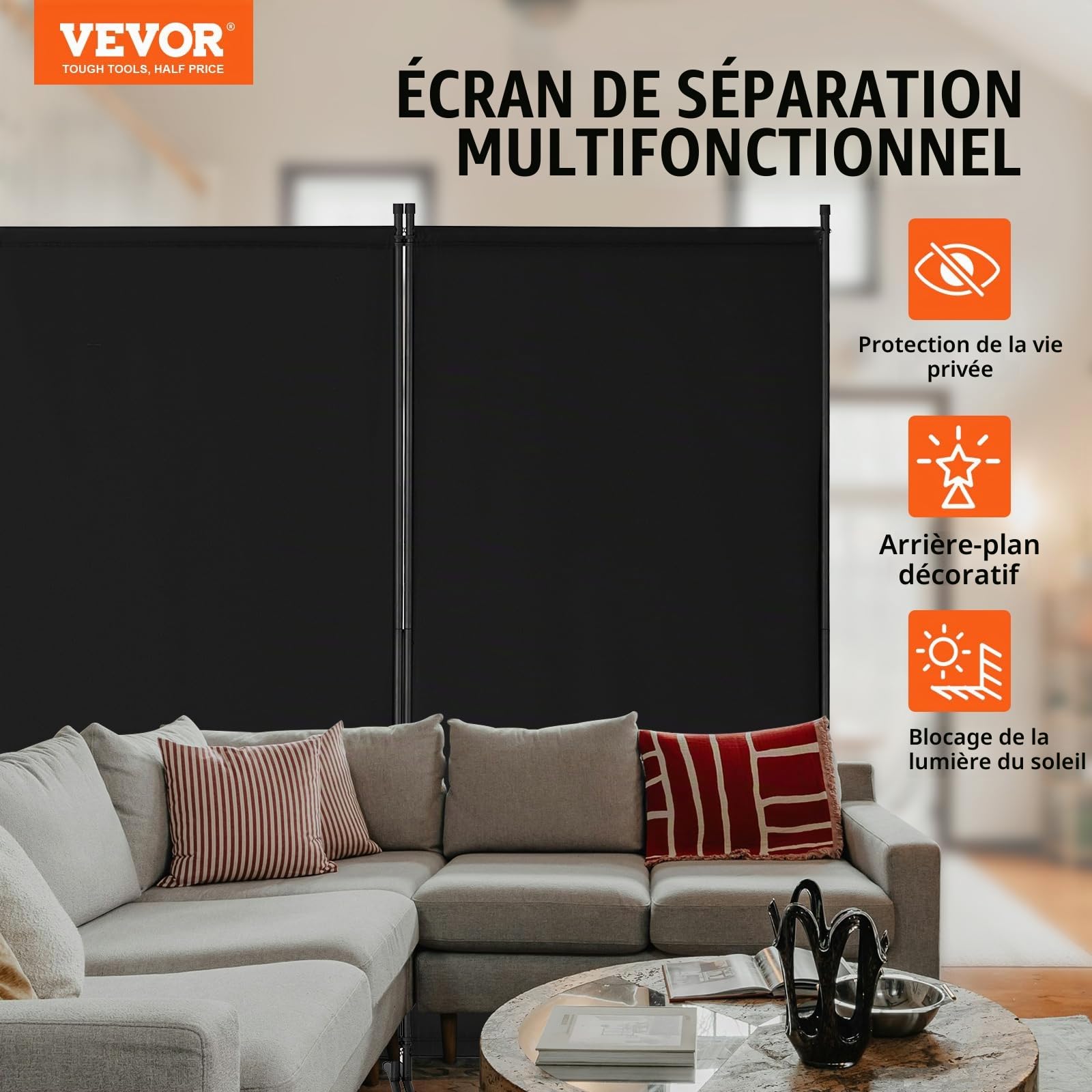 VEVOR Paravent Multifonctionnel à 4 Panneaux, Cloison de Séparation Autoportant 346,4 x 184 cm, Séparateur de Pièces Intérieur Pliable, Brise-Vue pour Confidentialité, Bureau, Chambre, Salon, Noir