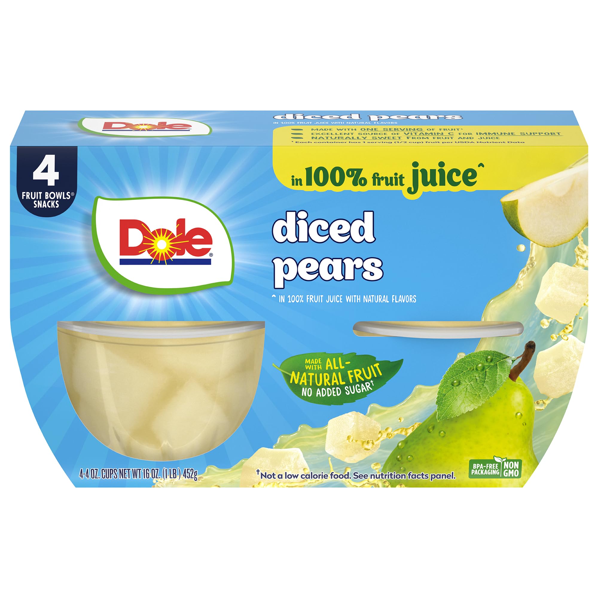 Dole Diced Pears Fruit Bowls, 4 oz, 4 Pack