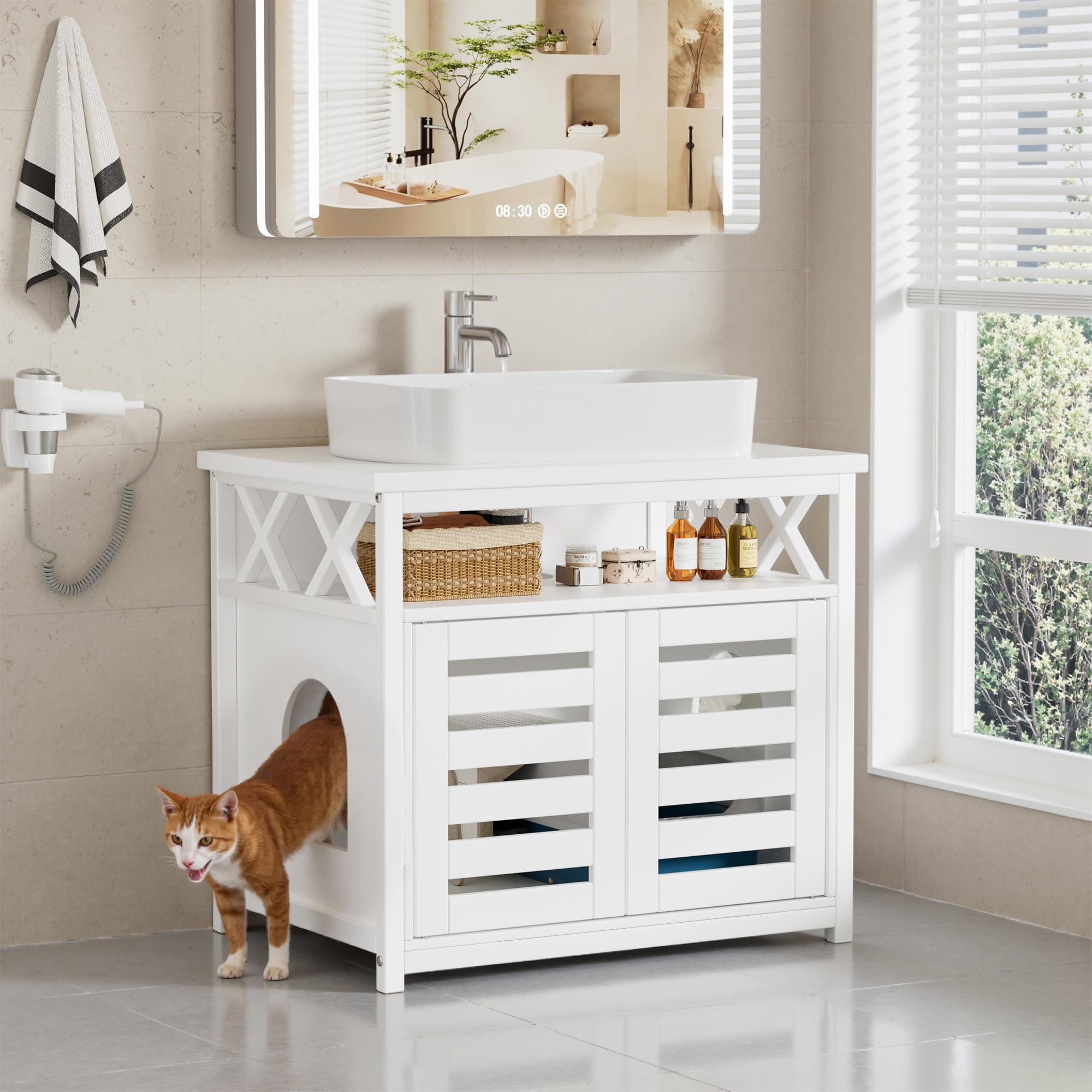 2 in 1 Casa di toilette per gatti e mobili sotto lavabo, mobile per animali persiani, armadio per lettiera per gatti con 2 porte, mobili per lettiera, 65 x 45 x 60 cm,lavello in ceramica non incluso