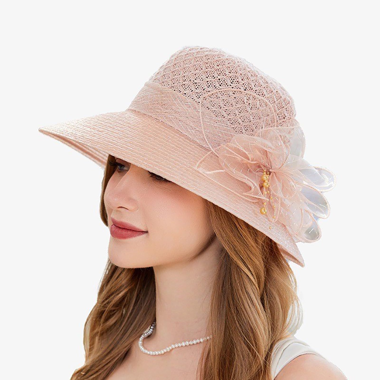 Chapeau Mariage, Chapeau Mariage Femme Chic Organza Blanc Cassé Capeline Large Bord Ornée de Plumes Chapeaus Soleil Cérémonie Élégant Anti-UV Pliable pour Cocktail Mère Mariée