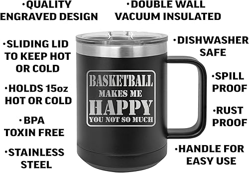 Miniatura 2 de Rogue River Tactical Funny Basketball Makes Me Happy You Not So Much - Taza de café negra de acero inoxidable resistente con tapa, regalo novedoso