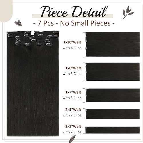 Miniatura 4 de Full Shine Total de 2 paquetes de extensiones de cabello humano real #1B de 18 pulgadas, 7 piezas de extensiones de cabello humano natural