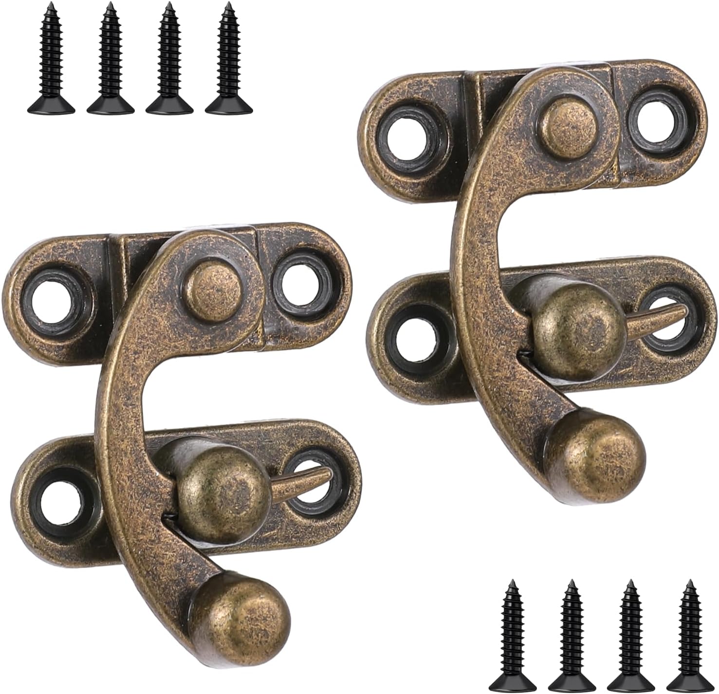 Antique Vintage Lock Clasp, 2 PCS Small Hasp Latch Bronze Mini Swing Arm Clasp Latch Metal Catch Curved Buckle Right Latches Hook Hasp with Mounting Screws for Suitcase Jewelry Box Toolbox