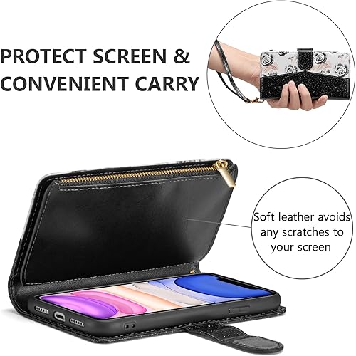 Miniatura 4 de UEEBAI Funda tipo cartera para iPhone 11 de 6.1 pulgadas, piel sintética con cierre magnético, funda de bolsillo con cremallera, ranuras para