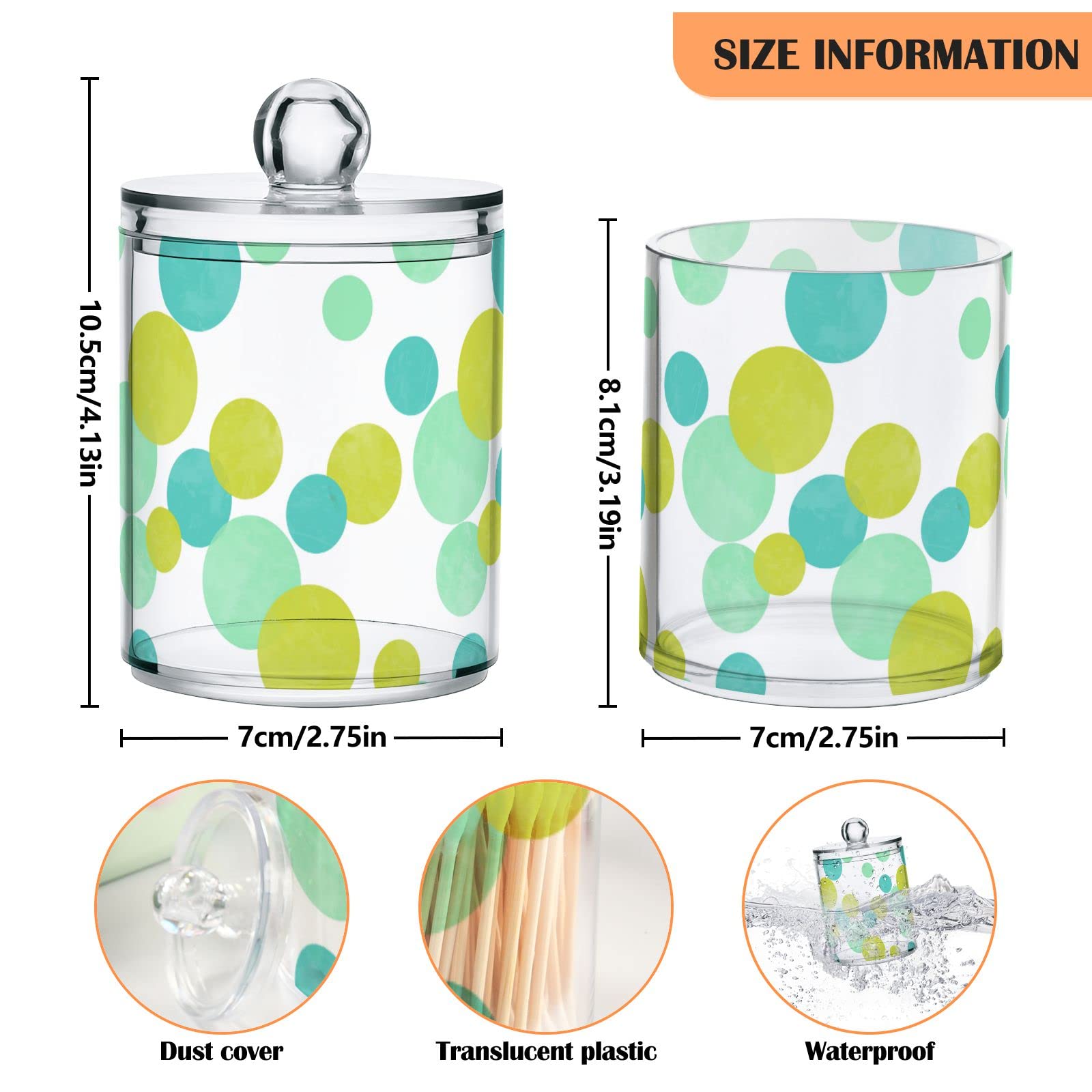 susiyo Lime Green Blue Color Polka Dots Plastic Jars with Lid Apothecary Jar for Cotton Balls Swabs Pads - 2 Pack