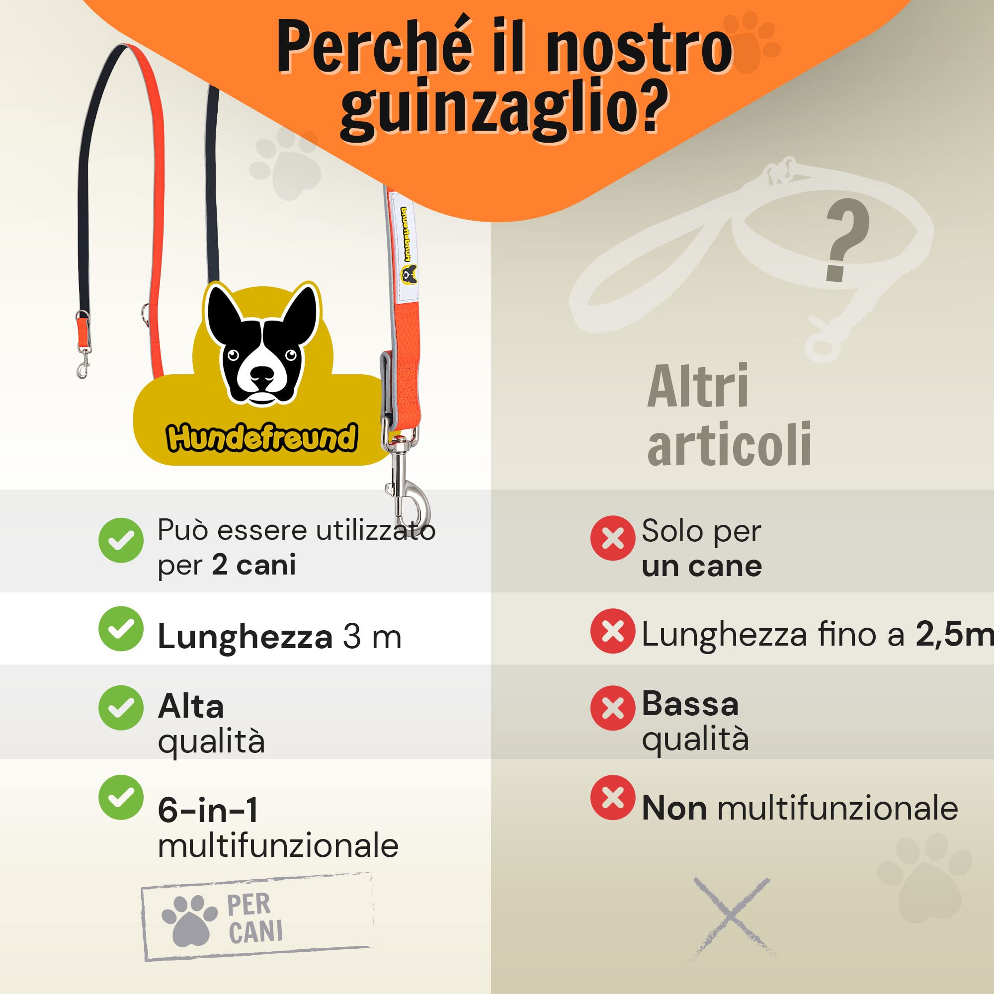 Hundefreund Guinzaglio multifunzione (6 in 1), regolabile, 3 m, da appendere, riflettente, con 3 anelli per cani di medie e grandi dimensioni, guinzaglio doppio per spalle e guinzaglio sportivo