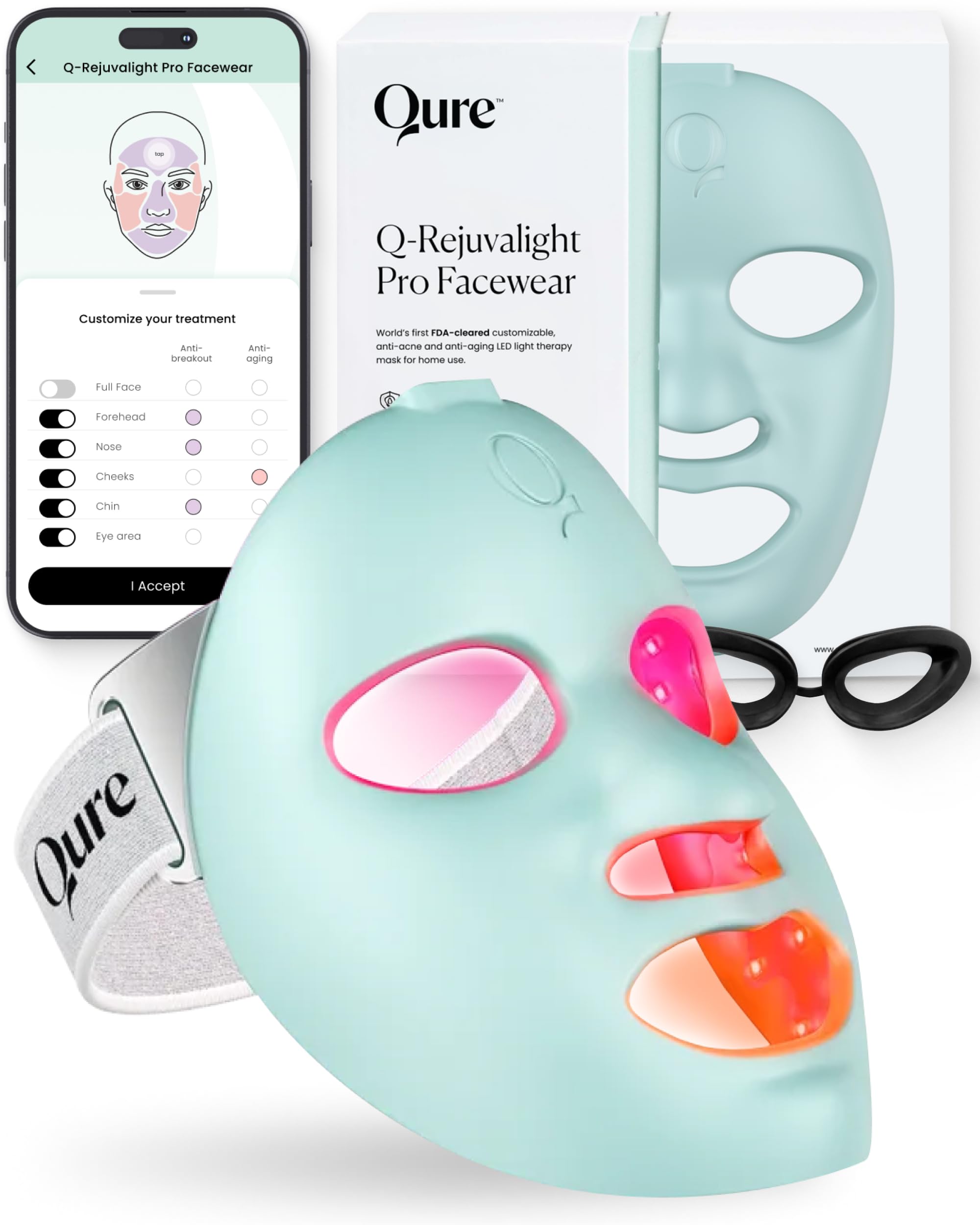 Qure LED Skin Care Face Mask With 5 Different Modes (Red Light Therapy, Amber Light & Blue Light Therapy) One Device with Customizable Settings & Treatments. Perfect For At Home Use LED Facial Therapy