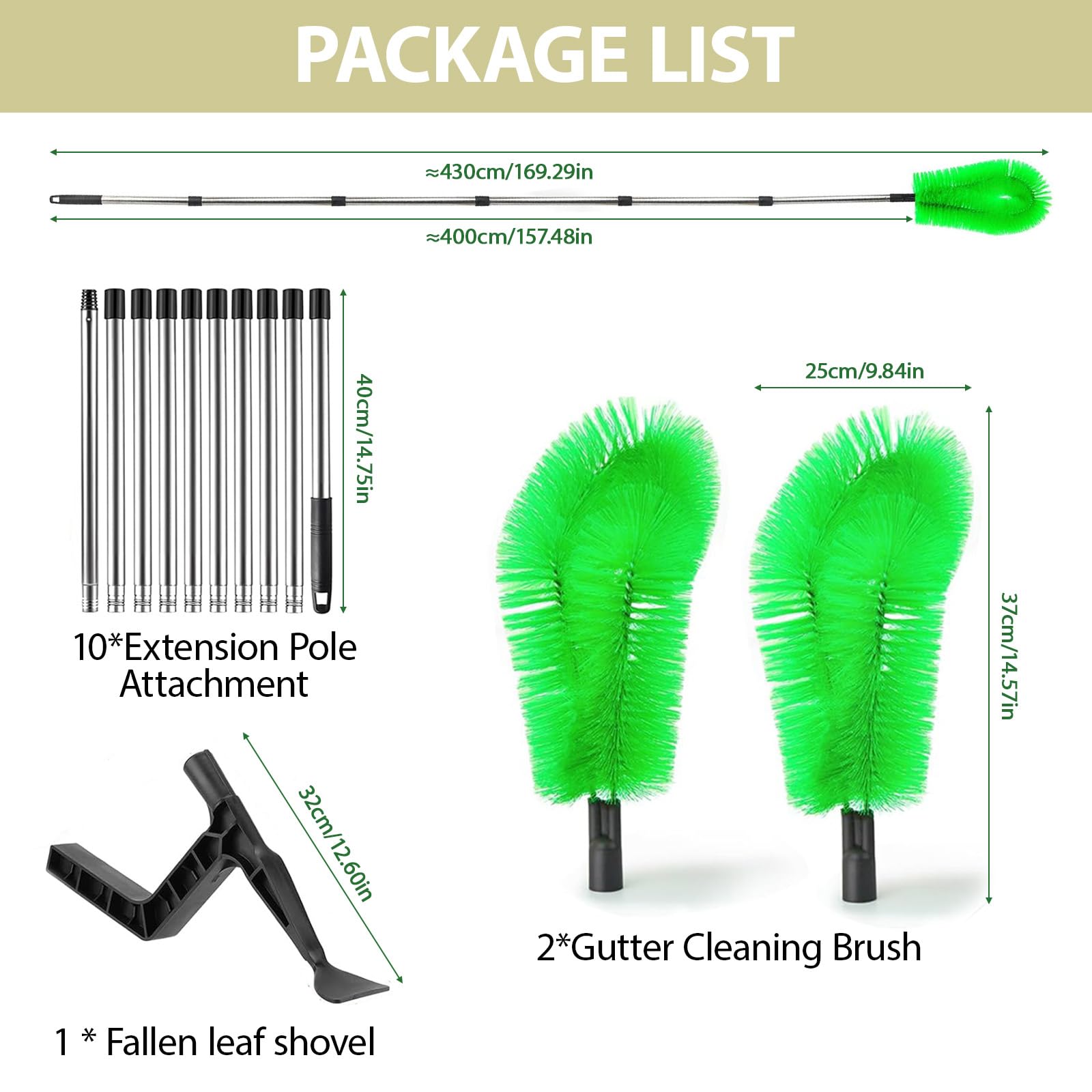 Nettoyeur de gouttières 400 cm - Brosse et cuillère de nettoyage 2 en 1 - Nettoyeur de gouttières avec manche télescopique pour nettoyer les feuilles, les fenêtres, les lustres