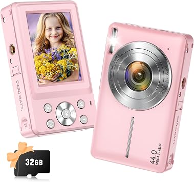 Digital Camera, Jukanur Upgraded FHD 1080P Digital Camera for Kids with 16X Zoom, Flashlight, 32GB Card, 44MP Point and Shoot Camera Compact Small Selfie Camera for Girls, Boys, Teens, Students,Pink
