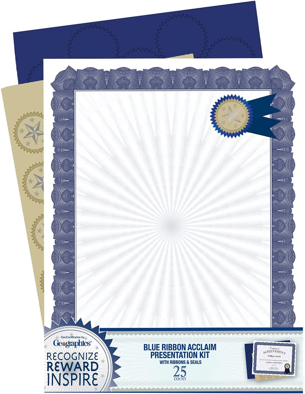 Geographics Award Certificate Kit, 8.5 x 11 Blank Certificate Paper, Gold Foil Seals & Blue Ribbon Stickers (Pack of 25)