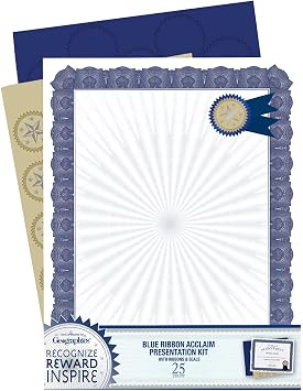 Geographics Award Certificate Kit, 8.5 x 11" Blank Certificate Paper, Gold Foil Seals & Blue Ribbon Stickers Pack of 25
