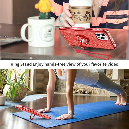 Miniatura 7 de OCYCLONE Funda para iPhone 12 Pro Max con purpurina de diamante suave con soporte de anillo, bonita funda protectora para iPhone 12 Pro Max para