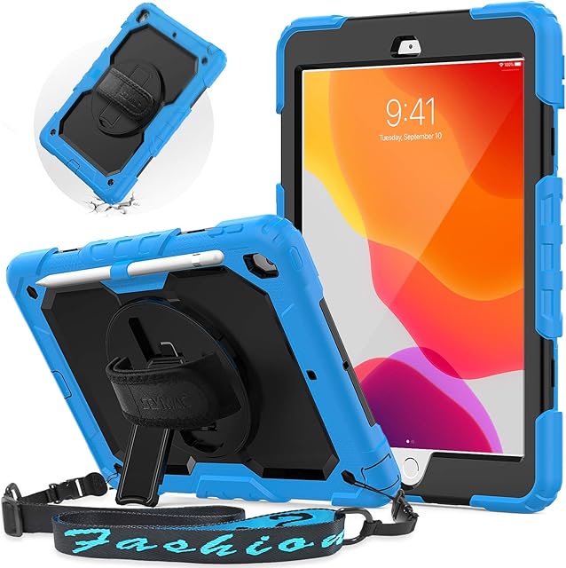 SEYMAC iPad 10.2 Case 2019,iPad 7th Generation Case with Screen Protector,Heavy Duty Protective Case with Hand Shoulder Strap,Cover with stand Pencil Holder for iPad 7 Generation,Light Blue