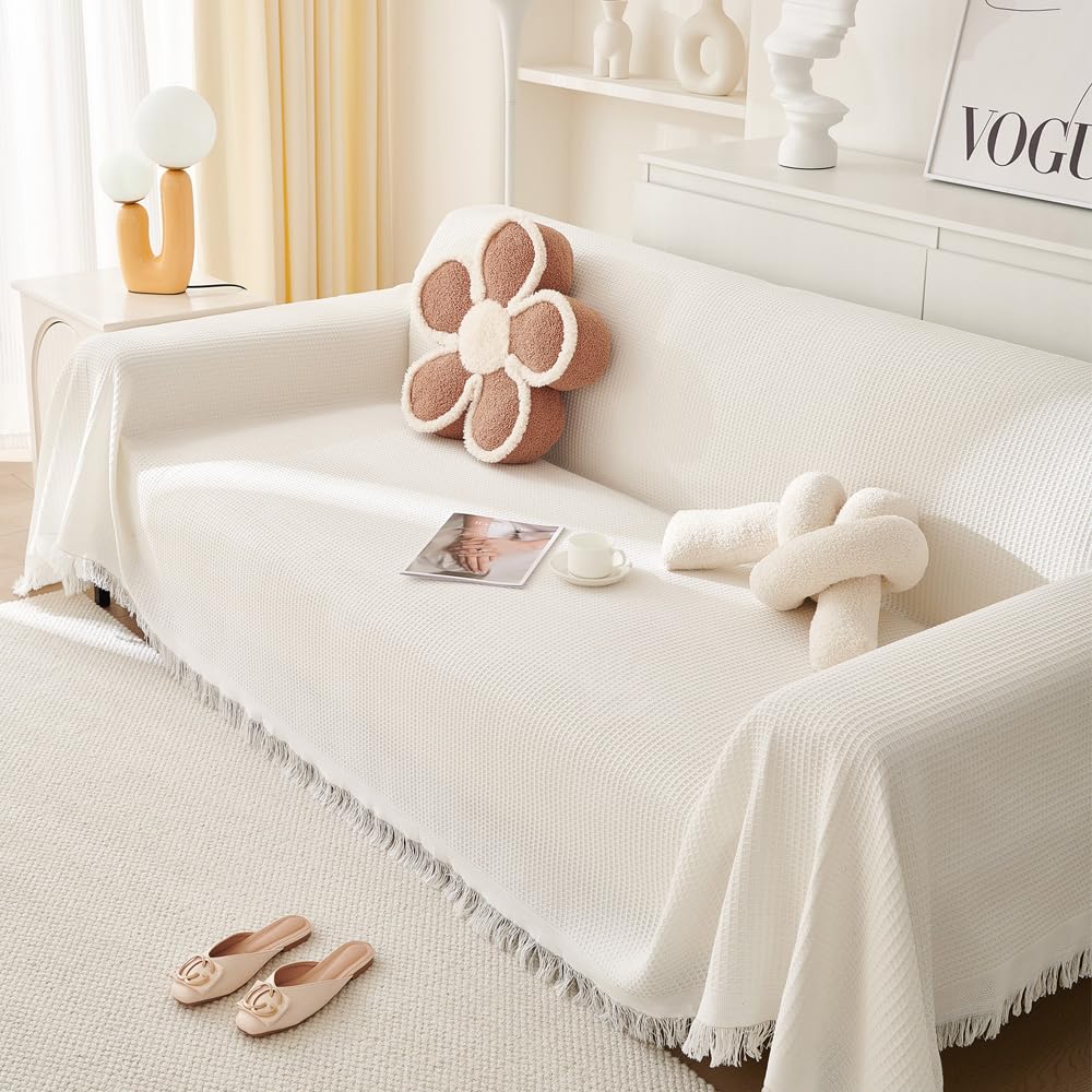 BeauentyKnitted Throw Blankets Lightweight Decorative Throw Blanket Woven Throw Blanket with Tassels for Couch Bed Sofa Outdoor ThrowBlanket All Seasons (White, 180 * 230)