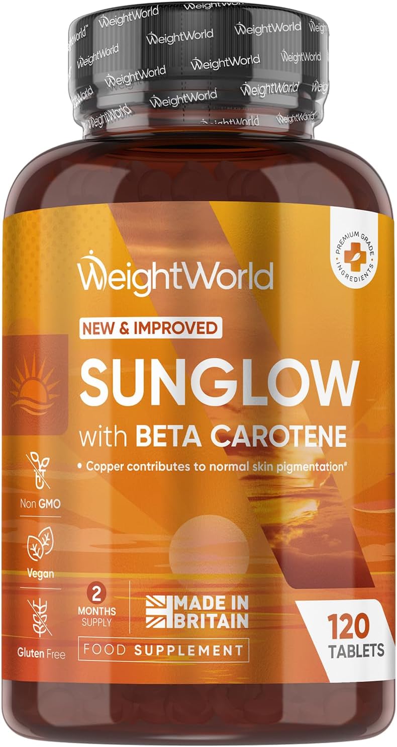 Tanning Tablets - 120 Sunglow Tablets - Beta Carotene Tanning Accelerator with Vitamins B2 & B3, Zinc, Copper & Iodine - Vegan-Friendly & Non-GMO - Made in the UK