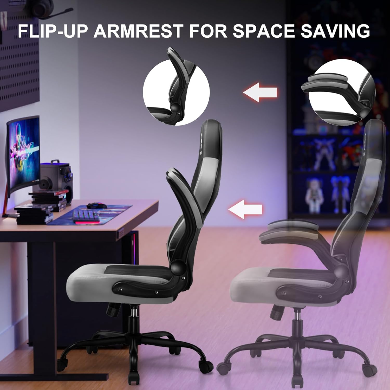 GTPLAYER Video Gaming Chair, Ergonomic Computer Gaming Chair with Flip-Up Armrests and Adjustable Height, Comfortable Desk Chairs with Built-in Lumbar Support, Recliner with 360°Swivel (Dark Gray)