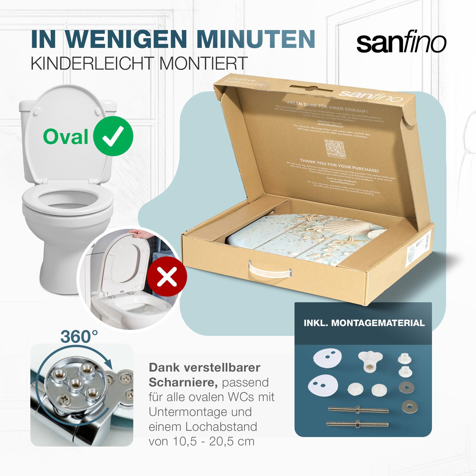 SANFINO® Premium toiletbril met softclose-mechanisme, hoogwaardig toiletdeksel van hout, vele kleurrijke motieven, hoog zitcomfort, eenvoudige montage, Seastar Beach