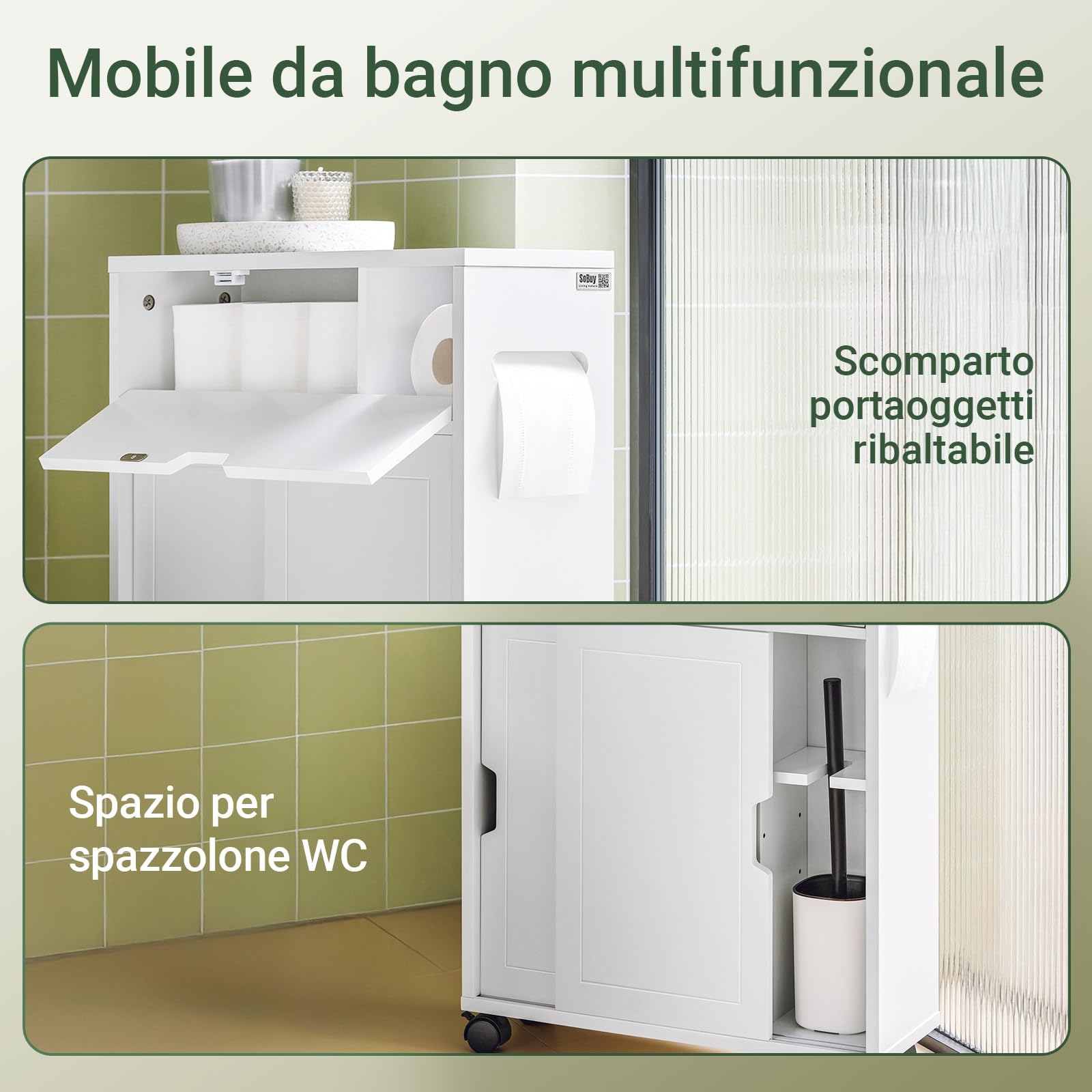 SoBuy Mobiletto Bagno Salvaspazio con Ruote 52x68x17 cm Bagno | Armadietto da Bagno con Ante Scorrevoli E Ribaltabile, Comò per Piccoli Spazi e Niche, Bianco, BZR31-W