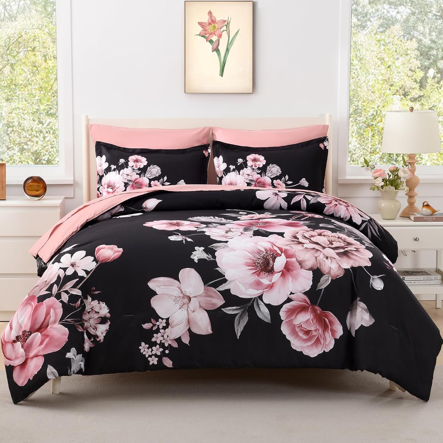 Floral King Size Comforter Set - 7 Piece Botanical Black and Pink Bed in a Bag Ulter Soft Microfiber Bedding Set, Lightweight Bed Comforter Set with Sheets for All Season (Black, King)
