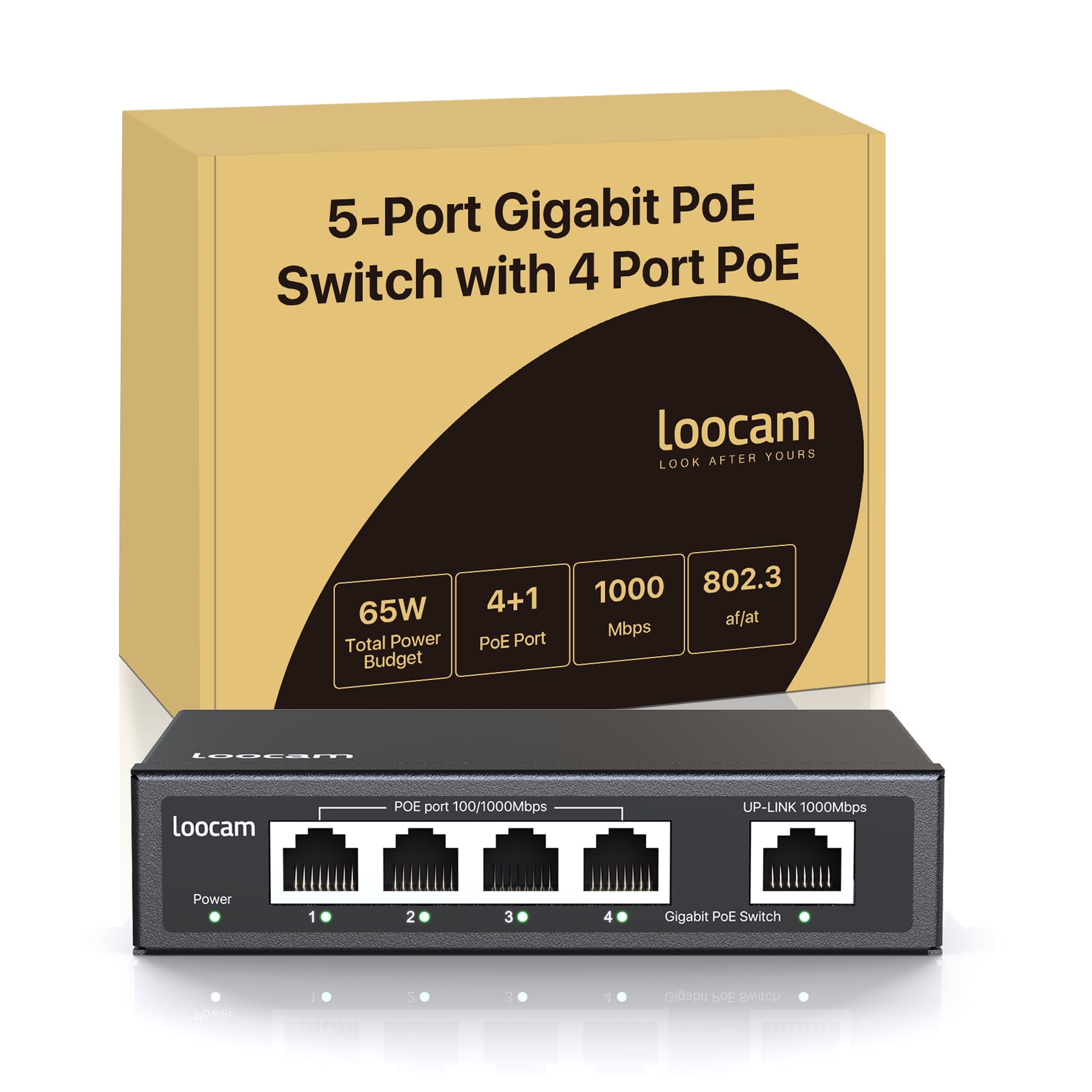 Loocam Commutateur PoE Gigabit à 5 Ports, 4 Ports PoE+ avec 1 Port Gigabit Uplink, commutateur Ethernet Non géré de 1000 Mbit/s pour Une Puissance Totale de 65 W, IEEE802.3af/at, boîtier en métal,