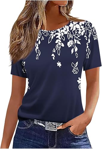 Womens Summer Tops 2026 Crew Neck Short Sleeve T Shirts Dressy Casual Blouses Cute Printed Tees Loose Trendy Outfits