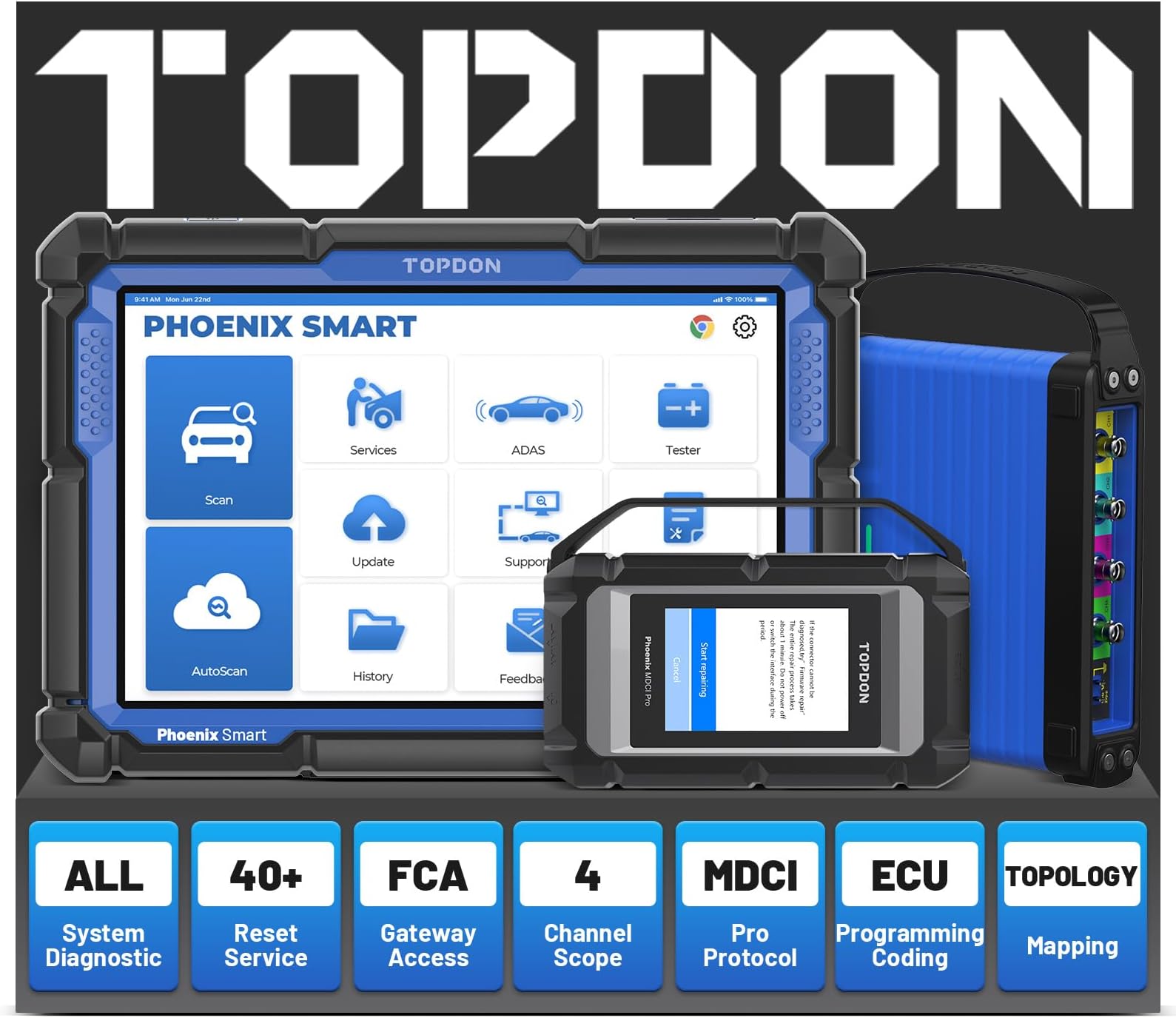 Phoenix Smart with 4-Channel Oscilloscope, Bidirectional Scan Tool for 200+ Brands, OBD2 Scanner Diagnostic Tool with ECU Programming Coding, Topology Mapping & ADAS Compatibility