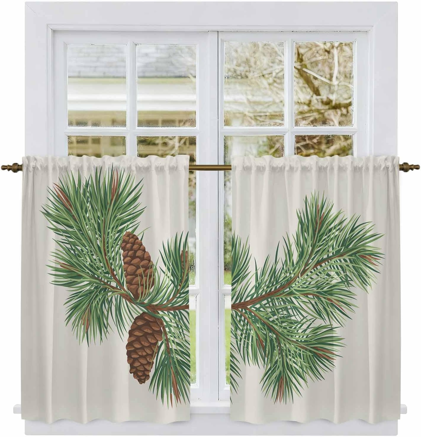 Green Pine Leaves Christmas Kitchen Tier Curtains 45 Inch Long 2 Panel Set,Rod Pocket Short Window Treatment,Xmas Botanical Pine Cones Curtains & Drapes for Bathroom Basement 27.5"W x 45"L
