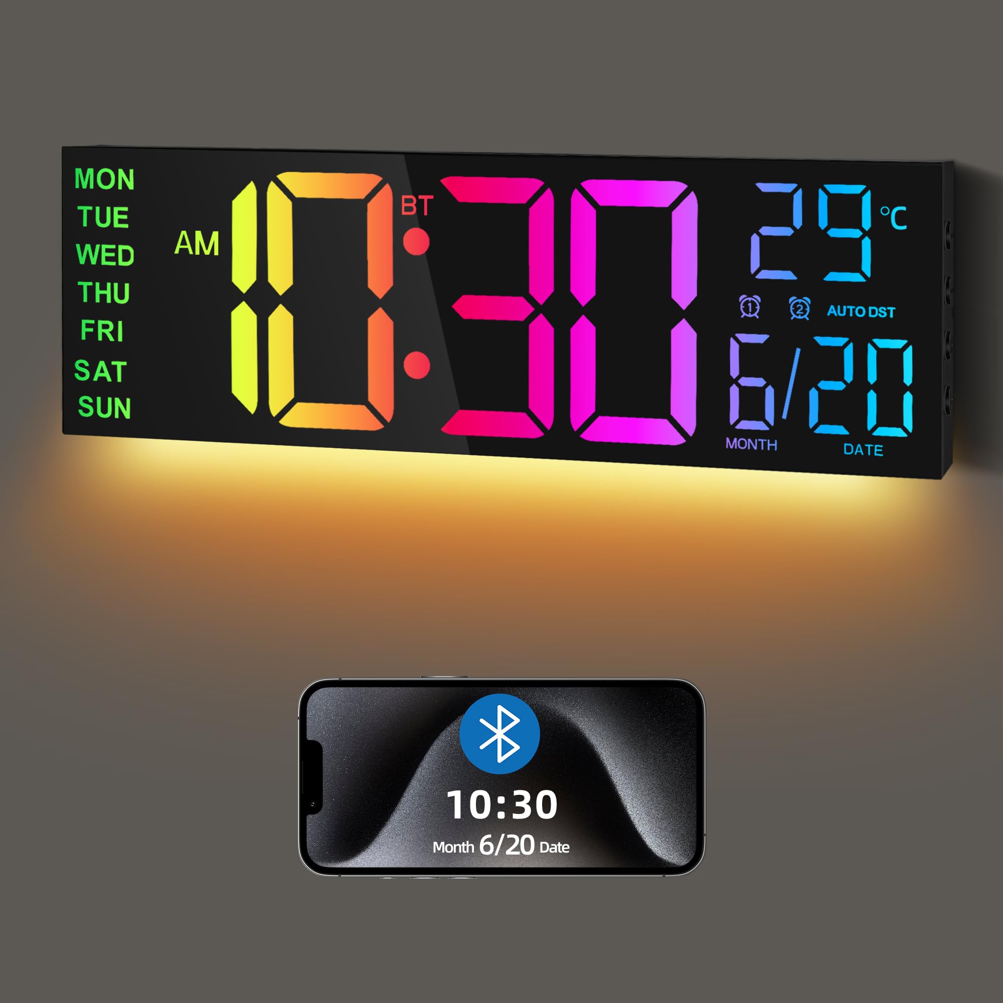 Horloge murale numérique 16.2'' RGB pour personnaliser l'ambiance lumineuse de votre bureau