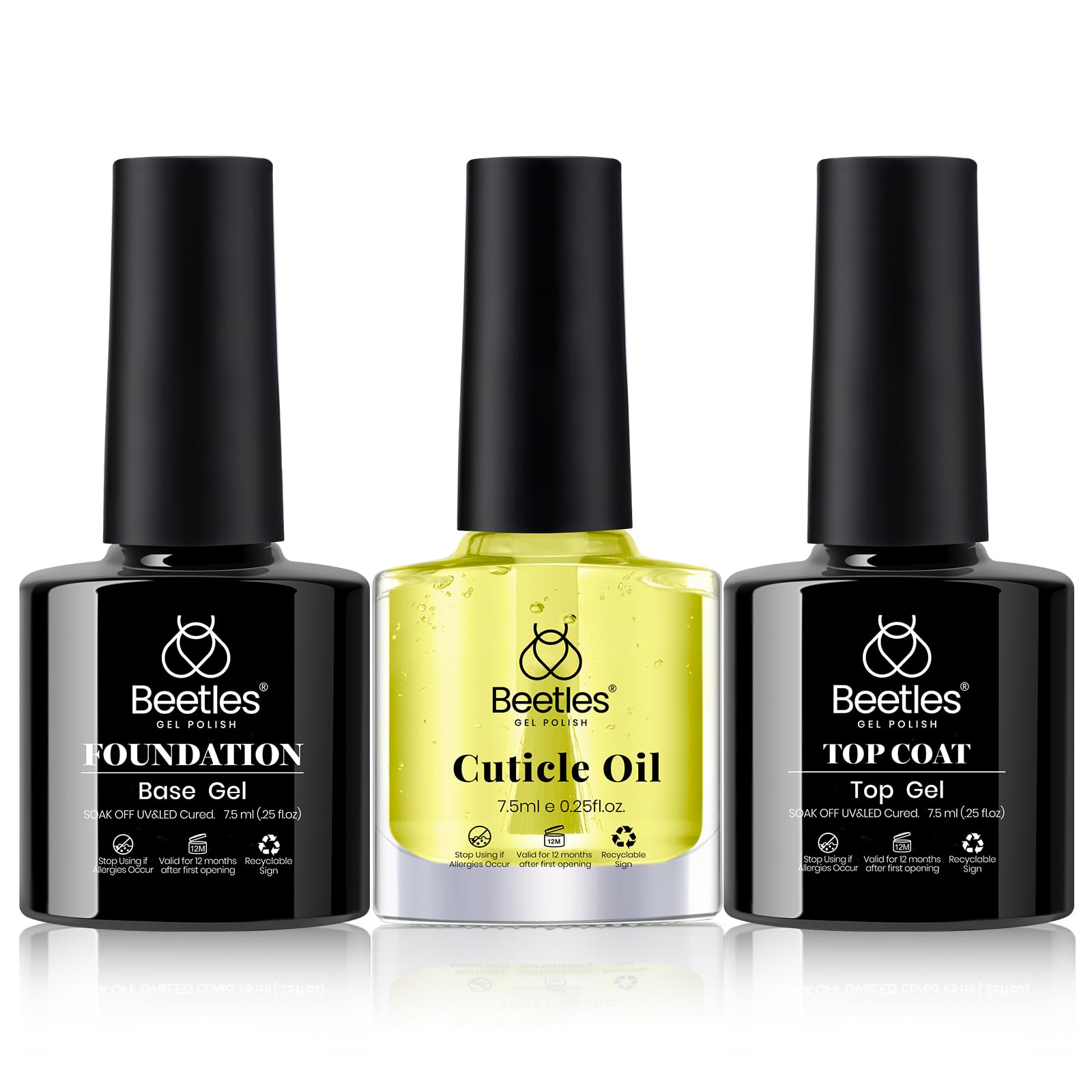 Beetles Gel Base and Top Coat with Cuticle Oil Set, 3Pcs No Wipe Top Gel Glossy Shine Long Lasting, Cuticle Oil Care for Dry Damaged for Stronger Nails Winter Nail Care Kit Gifts for Women