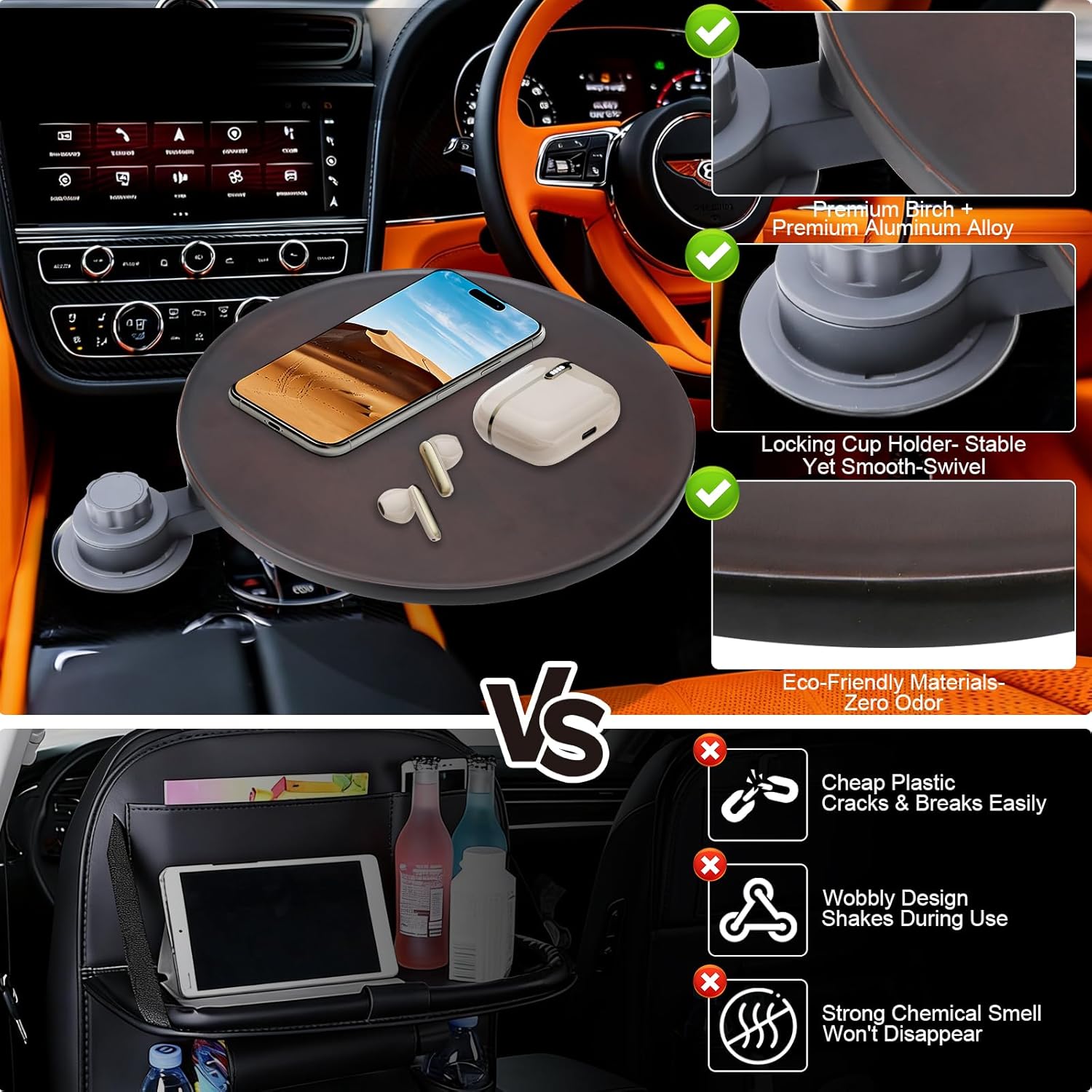 Wood Car Tray & Car Desk for Laptop, Compatible with Tesla Model Y/3/S, Ford F150/Explorer/Maverick & Most Vehicles, 360° Rotation, Waterproof, Car Food Tray, Car Accessories for Women & Men