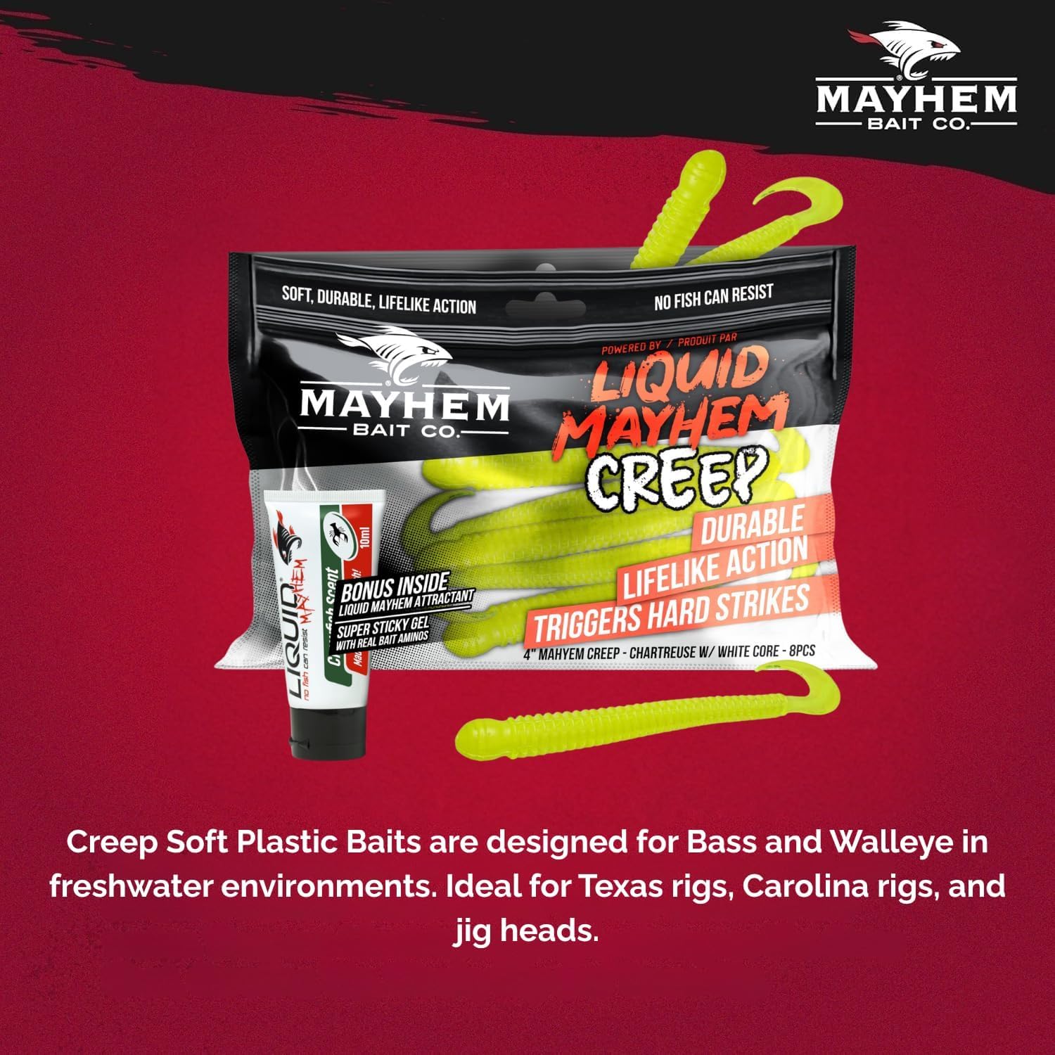 Liquid Mayhem Creep 4” – Soft Plastic Lures for Bass & Walleye with Lifelike Action – Easy to Rig – Includes Bonus 10ml Attractant – 8 Baits Each Pack
