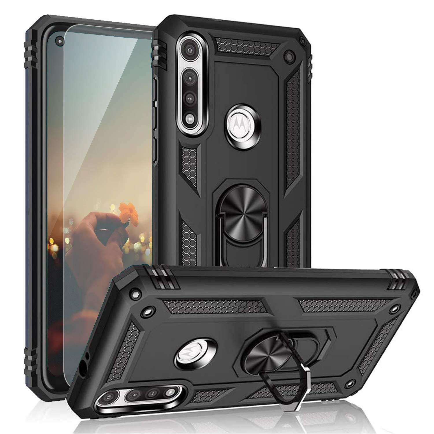 TJSCompatible with Motorola Moto G Fast Case, with [Tempered Glass Screen Protector], Metal Ring Kickstand Magnetic Support Heavy Duty Drop Protector Cover Phone Case (Black)