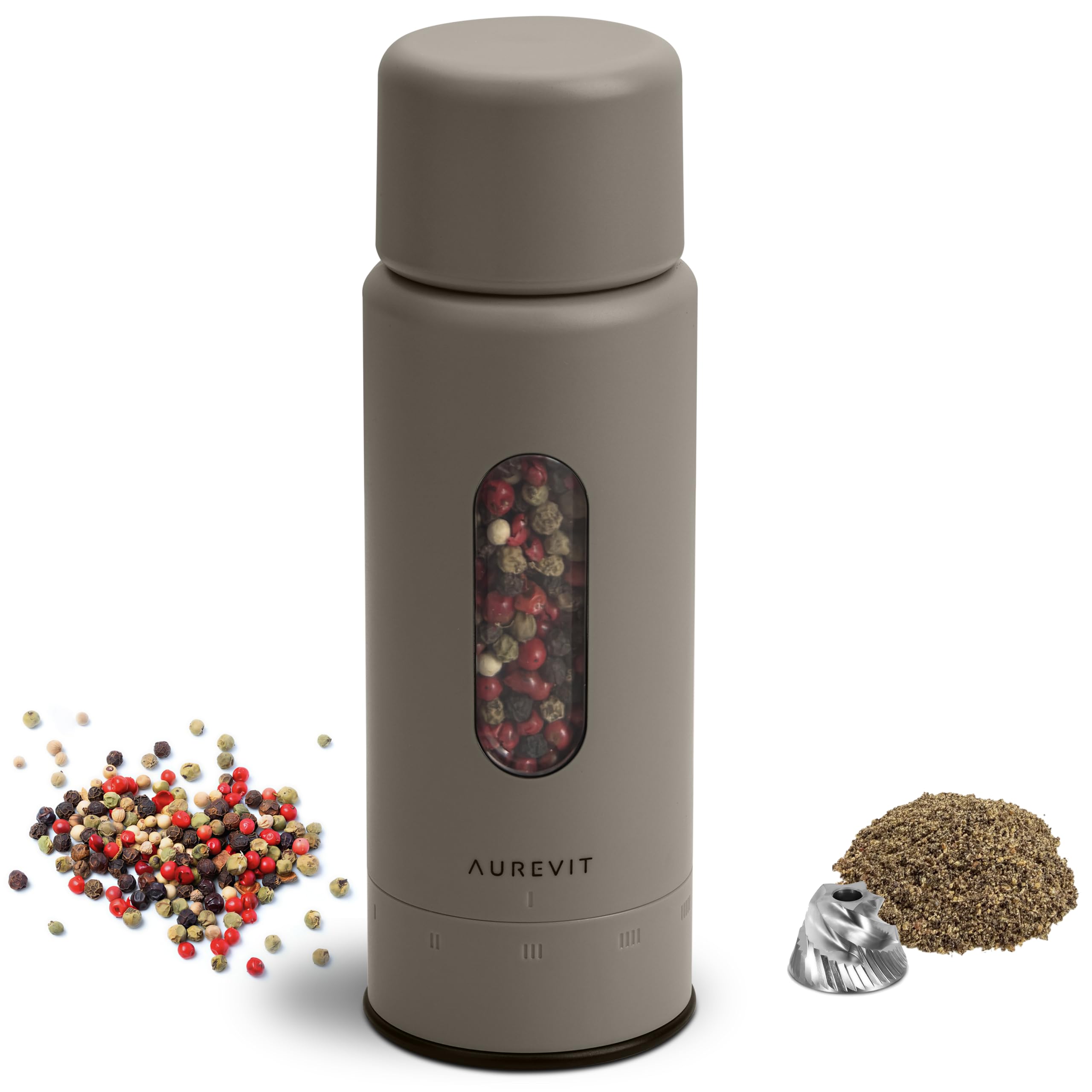 Aurevit Manual Pepper Grinder, Single Pepper Mill with 420 Stainless Steel Core, External Adjustable Coarseness, Refillable, Durable Design (Greige)