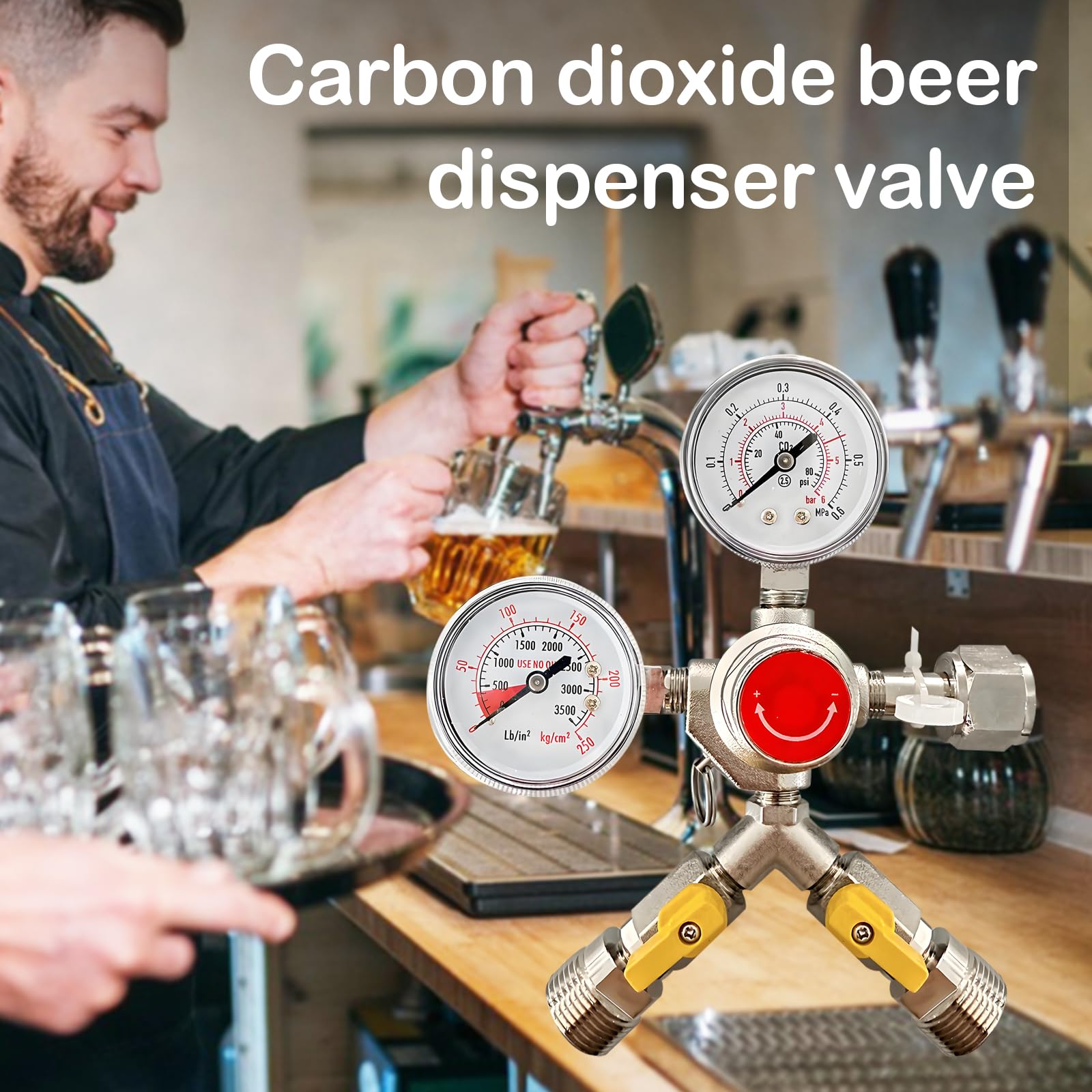 Reducteur de Pression, Détendeur Bière en Laiton avec Manomètres Doubles Régulateur de Pression CO2 avec Filetage D'entrée W 21,8 Filetage à Droite 1/14 Filetage Extérieur G3/4 pour Brassage de Bière