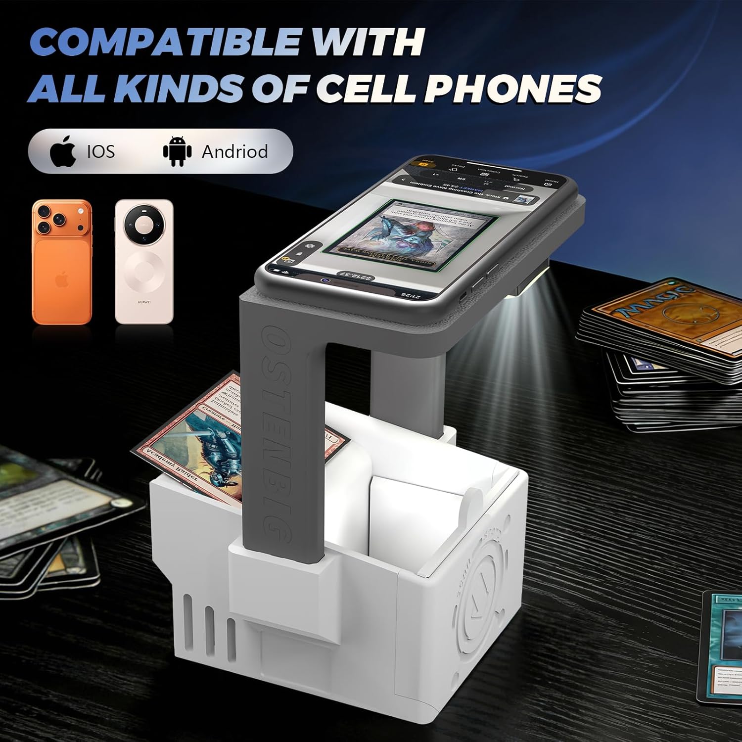 Card Scanner Pro Max–Card Scanner Stand for MTG & TCG, Scan Sleeved & Unsleeved Trading Cards, Phone Holder with Rechargeable Magnetic Fill Light, 3 Modes 6 Levels, MTG Card Scanner Stand for ManaBox
