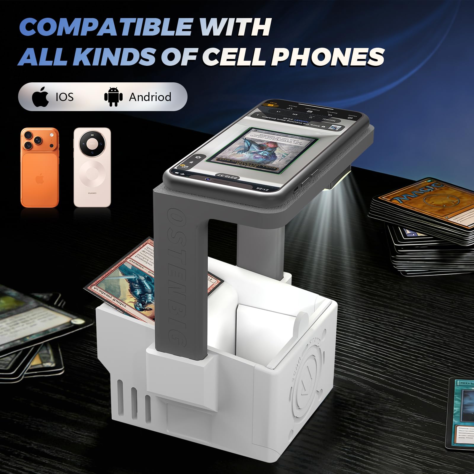 Scanneur de Cartes Pro Max – Support de Scanneur de Cartes pour MTG & TCG, Housse de Scan pour Cartes de Trading Dégainées & Engainées, Support Téléphone avec Lumière Magnétique Rechargeable, 3 Modes