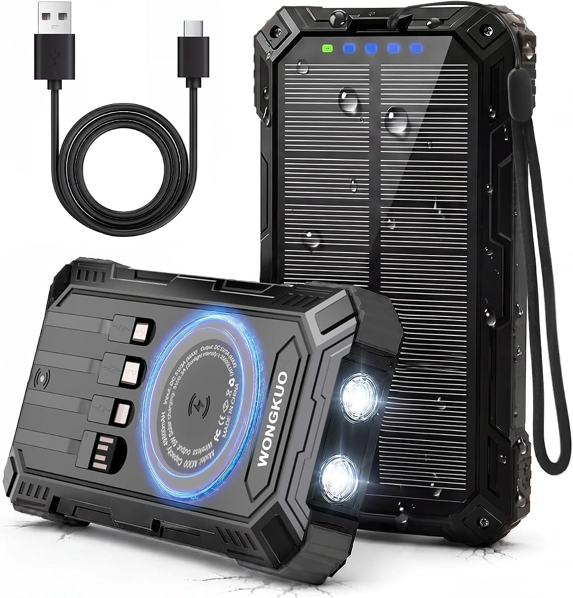 Solar Charger Power Bank - 49800mAh QC3.0 Fast Charging Portable Charger | 5V/3.1A Wireless Solar Battery Charger Built-in 4 Cables with USB C & Flashlight, Power 6 Devices for iPhone/Android(Black)