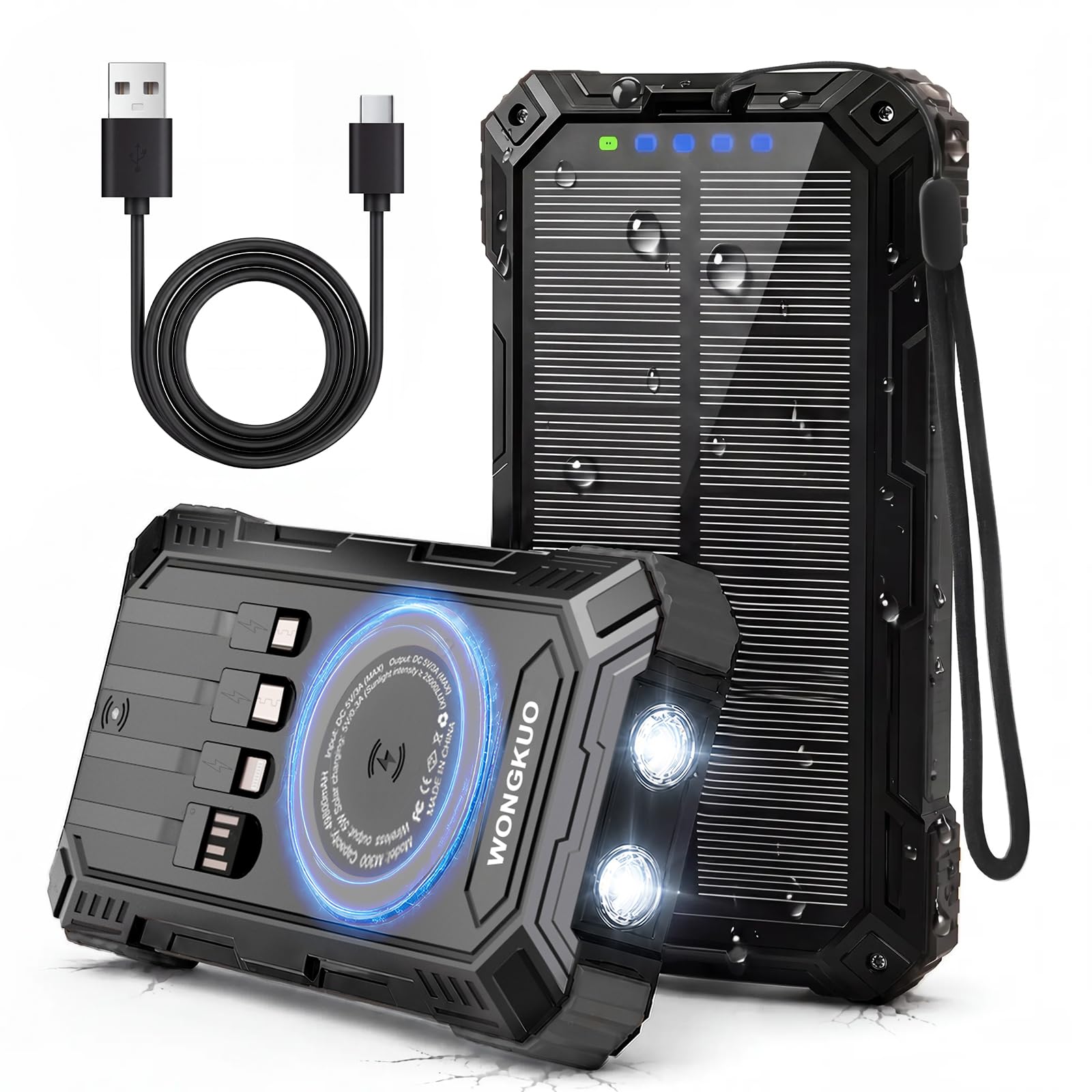 Cargador solar de 49800 mAh, cargador solar para teléfono con entrada y salida USB-C, carga rápida QC 3.0 con linterna LED, 4 cables integrados, IP65 impermeable para exteriores (negro)