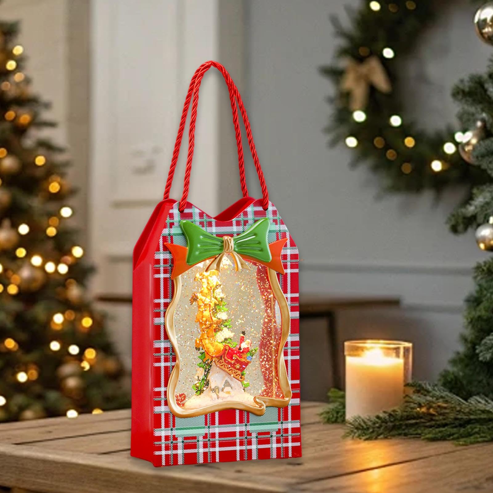 Qianly Boîte à Musique Scène de Noël Éclairée Ornement de Fête Lanterne Décorative Boule Scintillante avec 8 Chansons et Double Alimentation Adapté pour Le, Le Traîneau du Père