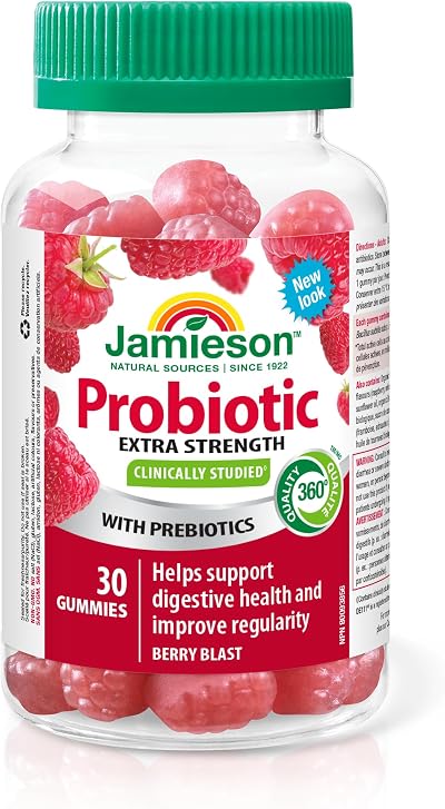 Jamieson Extra Strength Probiotic. 30 Gummies. 5 Billion CFU, Berry Blast Flavour, Improves Digestive Health, and Supports a Healthy Microbiome, No Artificial Colours, Flavours, or Preservatives