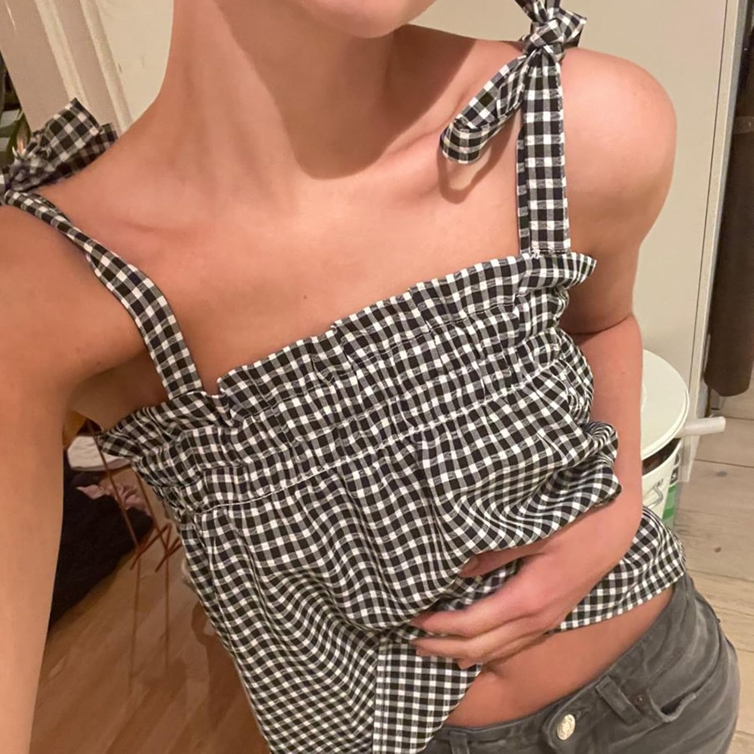 Women Y2k Gingham Tank Top Sleeveless Smocked Tank Tops Plaid Camisole Ruffle Hem Peplum Tops Summer Streetwear Black, Small - Image 5