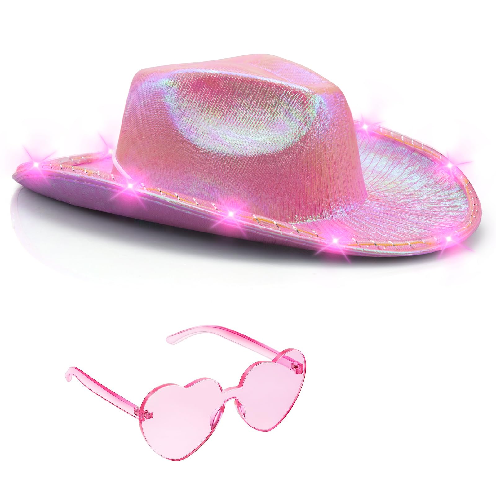 Tanganan Light Up Cowboy Hat for Women Men,Halloween Costume LED Cowgirl Hats Western Cow Girl Hat Sparkly Space Cowboy Hats for Partys Halloween Costume Dress Up (Pink)