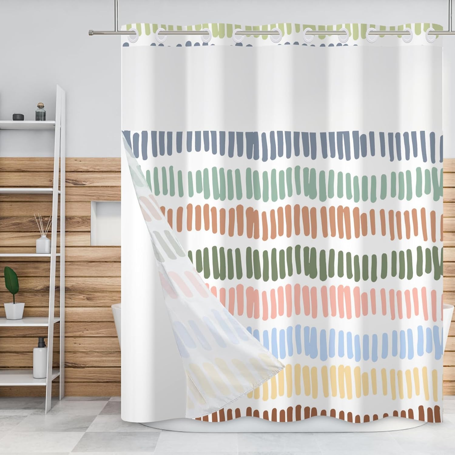 Baocicco No Hook Multicolour Stripe Shower Curtain with Snap-in Fabric Liner Set for Bathroom Rainbow Striped Hotel Shower Curtain and Liner Set See Through Curtains with Window 71x83 Inch