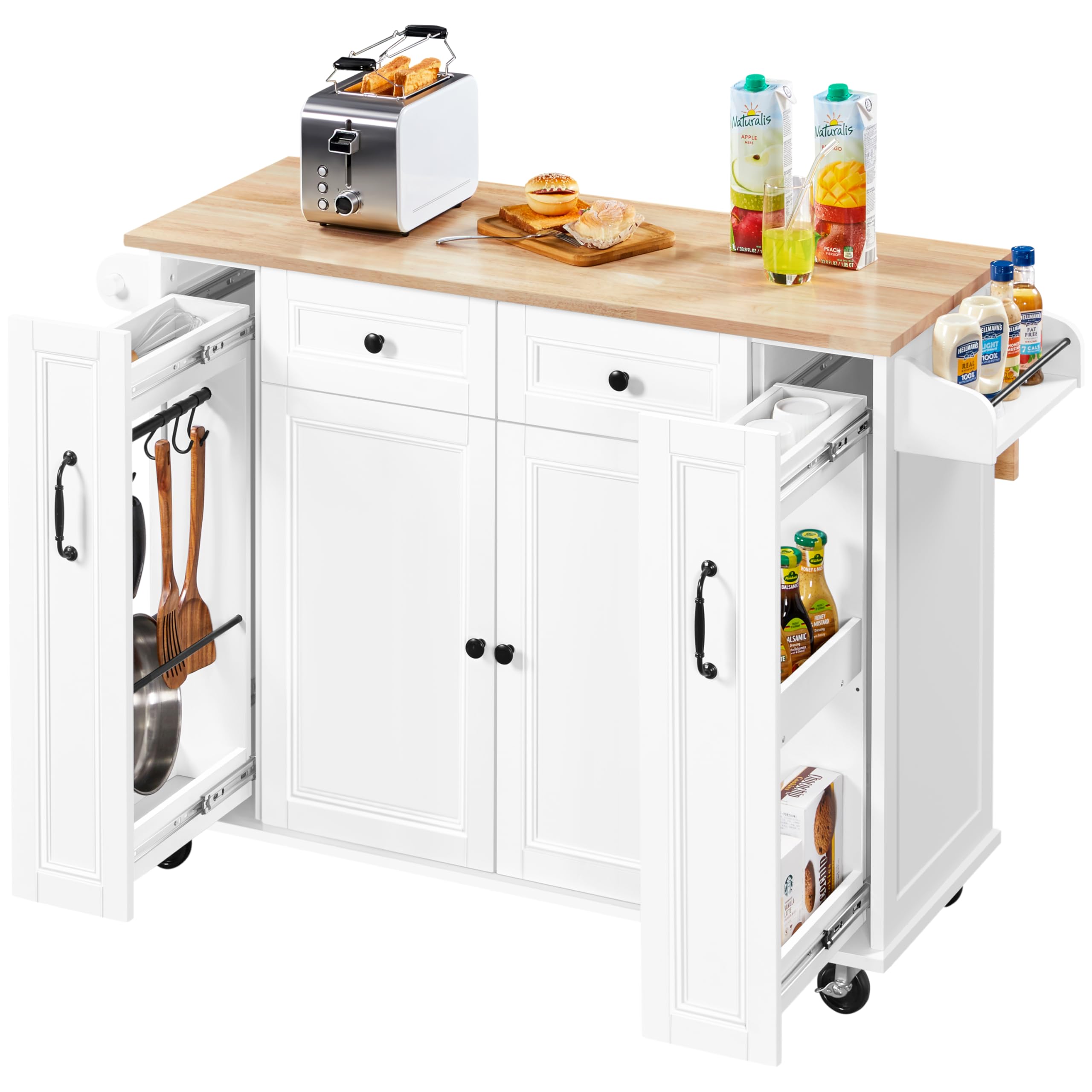 Kücheninsel Mit Rollen & Klapptisch - 120cm Schrank Mit Schubladen