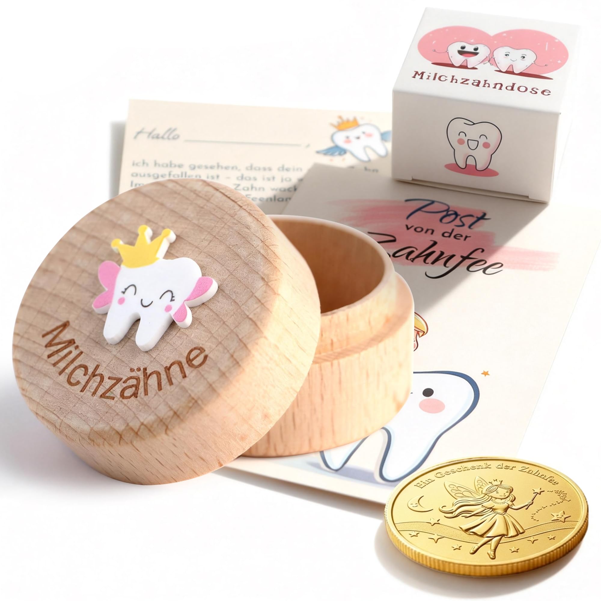 Gzxhsy Zahndose Milchzähne mit Zahnfee-Münzen für Jungen & Mädchen - Niedliche Milchzahndose aus Holz - Erinnerungsgeschenk zur Kinder (Zahn-Motiv mit Diadem)
