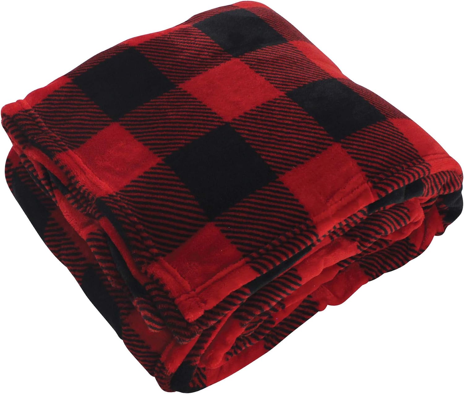 Hudson Home Collection Men and Women Mink Blanket with Sherpa Back, Black Cream Plaid Sherpa, 50X60 In. (Throw)