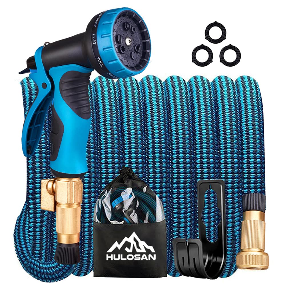 HULOSAN 25ft+5ft Garden Hose, Expandable Water Hose with 3/4" Solid Brass Fittings, Leakproof Lightweight Extra Strength Fabric 3750D - Flexible Expanding Hose with Free Water Spray Nozzle
