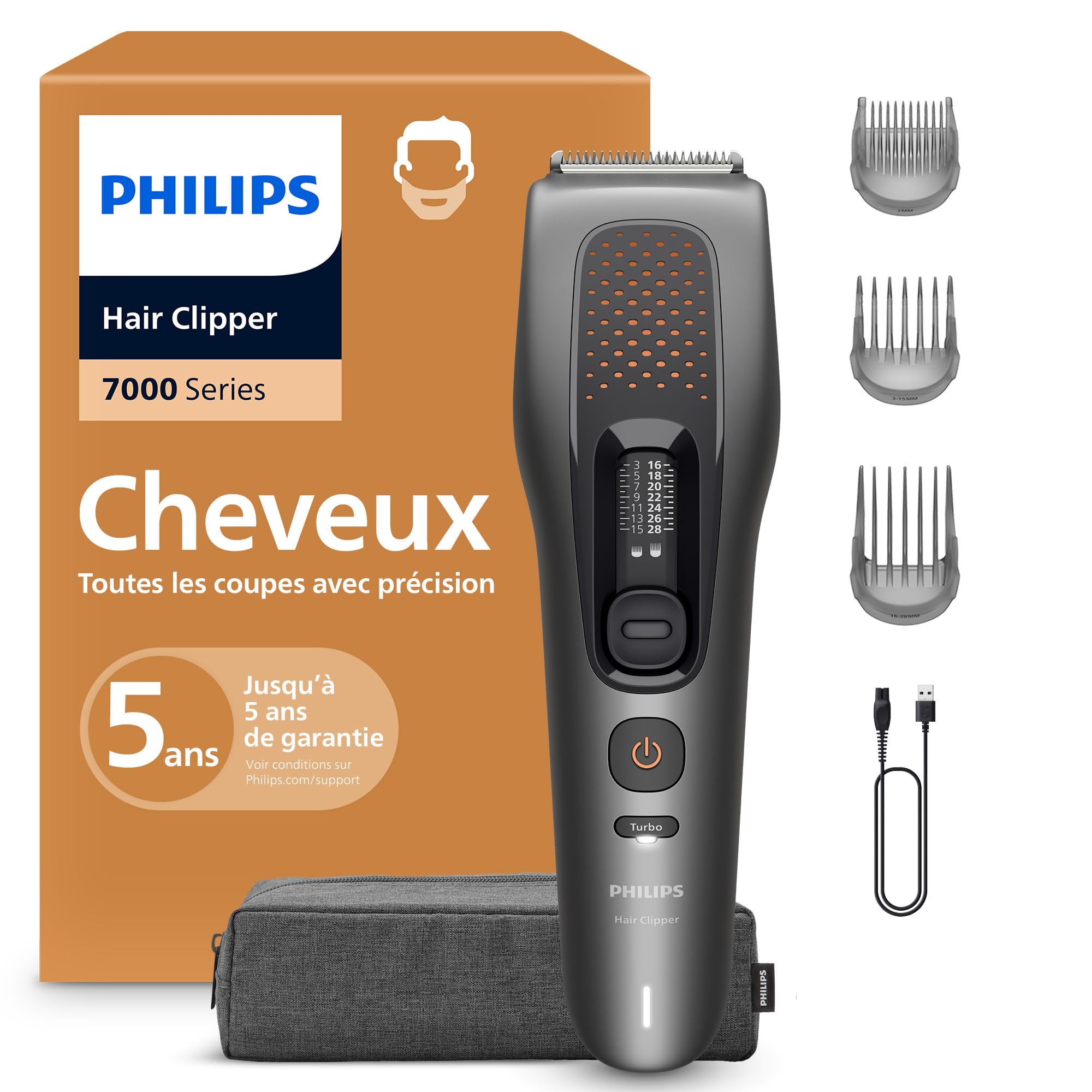 Philips série 7000 – tondeuse cheveux pour hommes et femmes, lames auto-affûtées en acier, 28 hauteurs de coupe par paliers de 1 mm, sabot Trim-and-Flow, autonomie jusqu’à 120 min, modèle HC7721/15